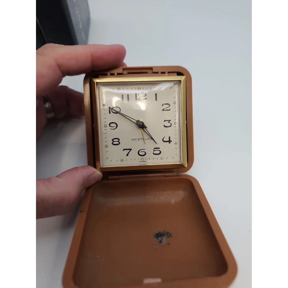 Vintage Westclox Folding Wind Up Travel Alarm Clock Brown Case